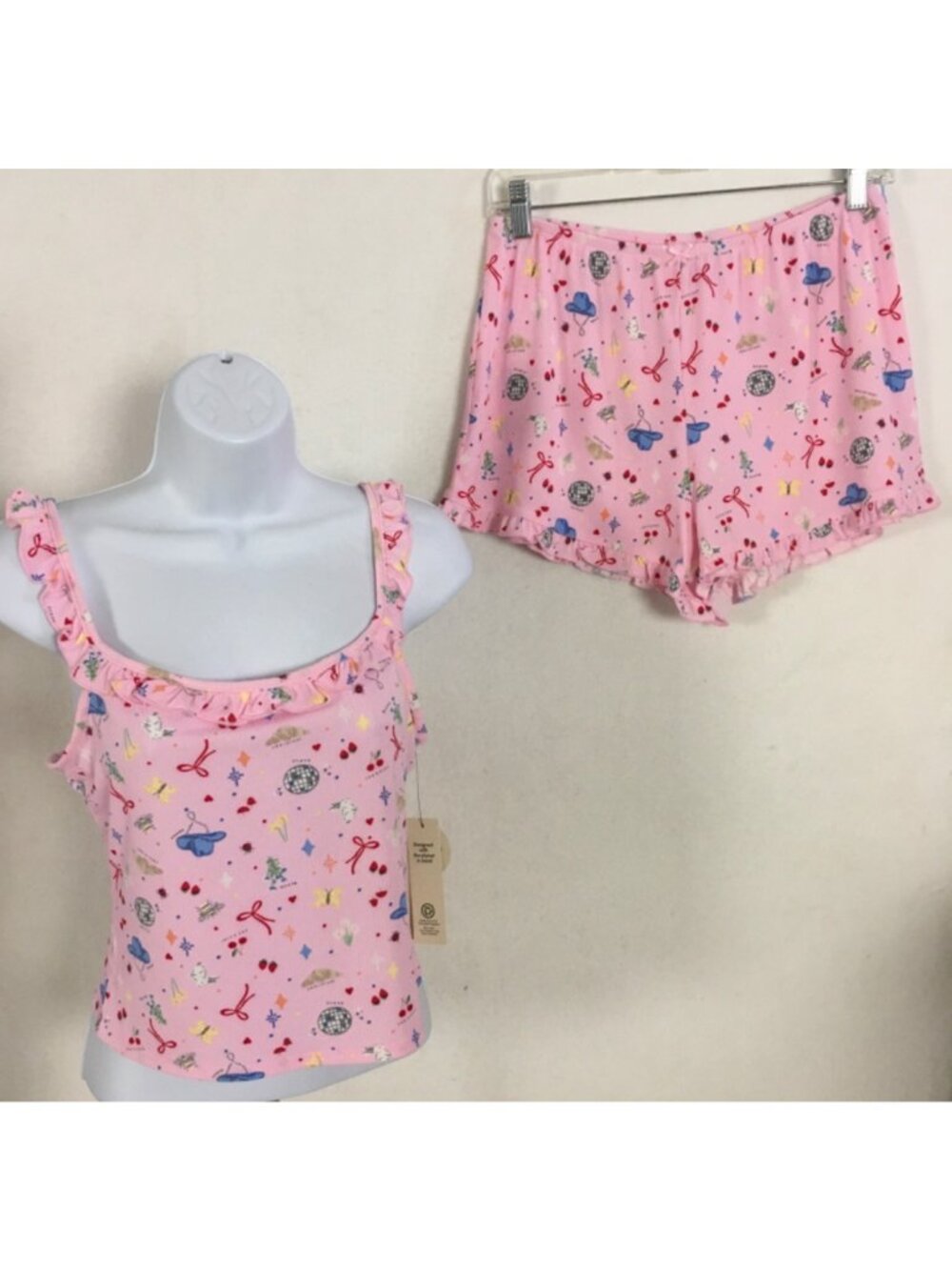 No Boundaries Pajama Set Size XS Ruffle Tank w Shorts Pink w Bows Bunnies New